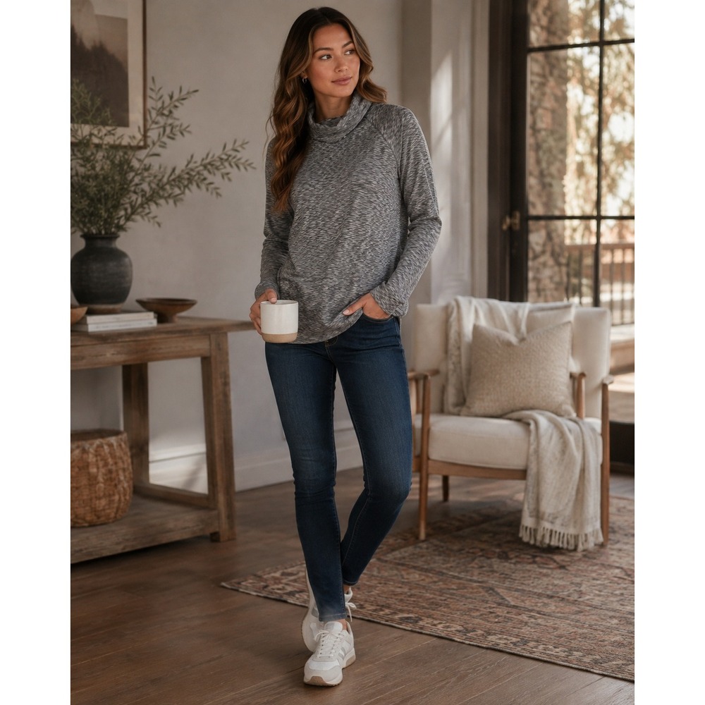 Athleta Pullover Women Large Gray Space Dye Cowl Neck Athleisure Gorpcore